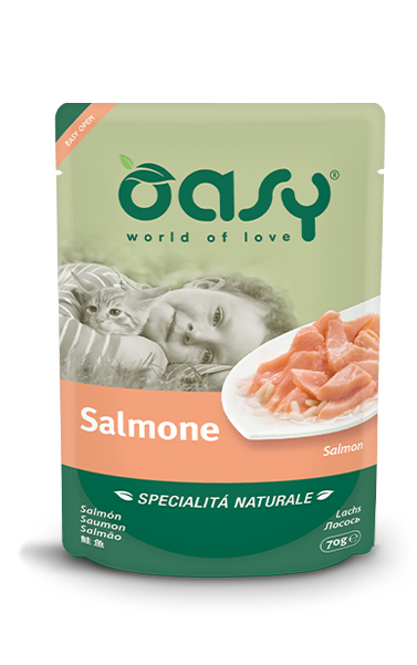 Bustina Oasy Specialità Naturale Salmone 70 g per gatti adulti, alimento umido complementare in gelatina Bustina Oasy Specialità Naturale Salmone 70 g per gatti adulti, alimento umido complementare in gelatina